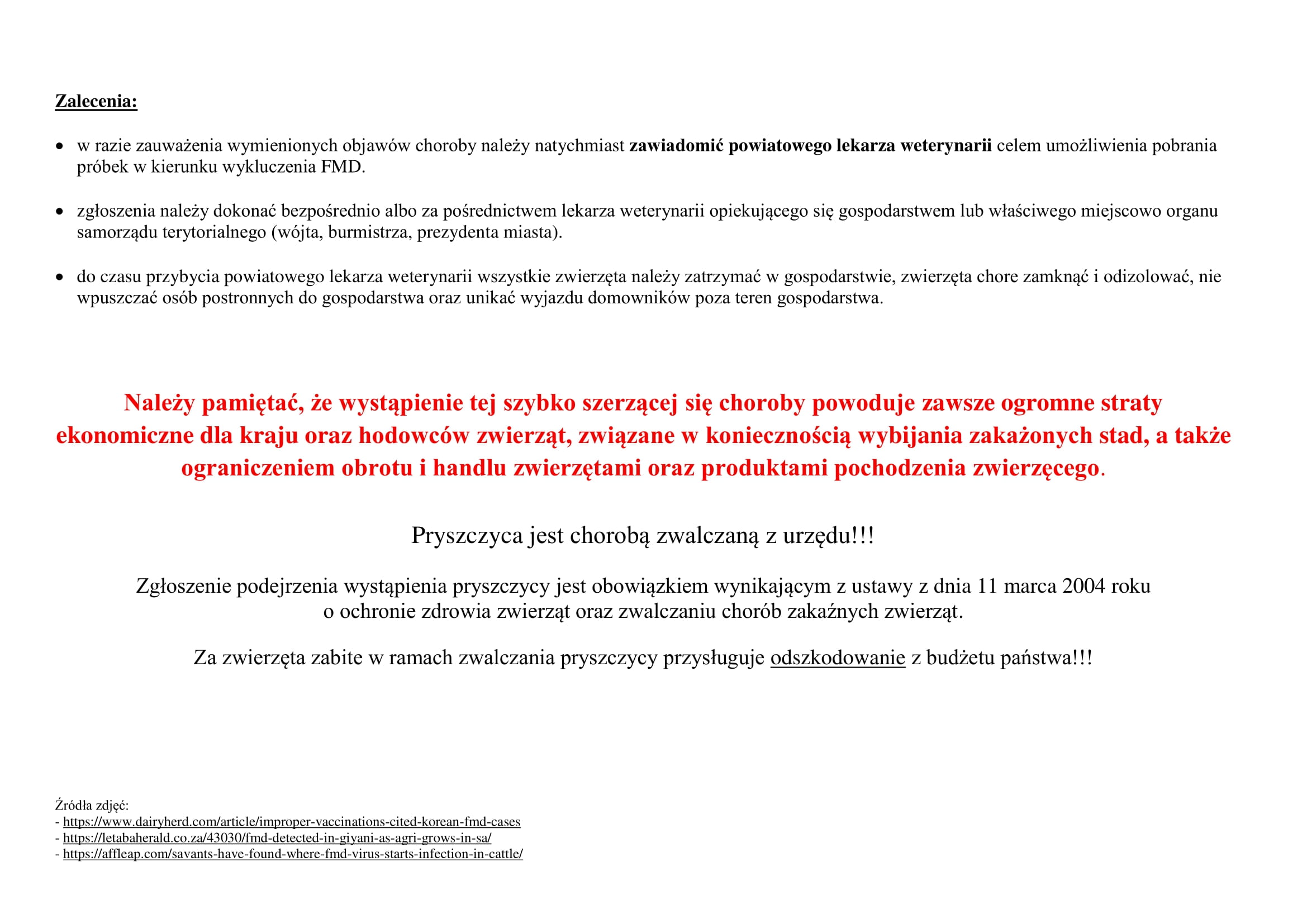 Ulotka informacyjna na temat pryszczycy u zwierząt